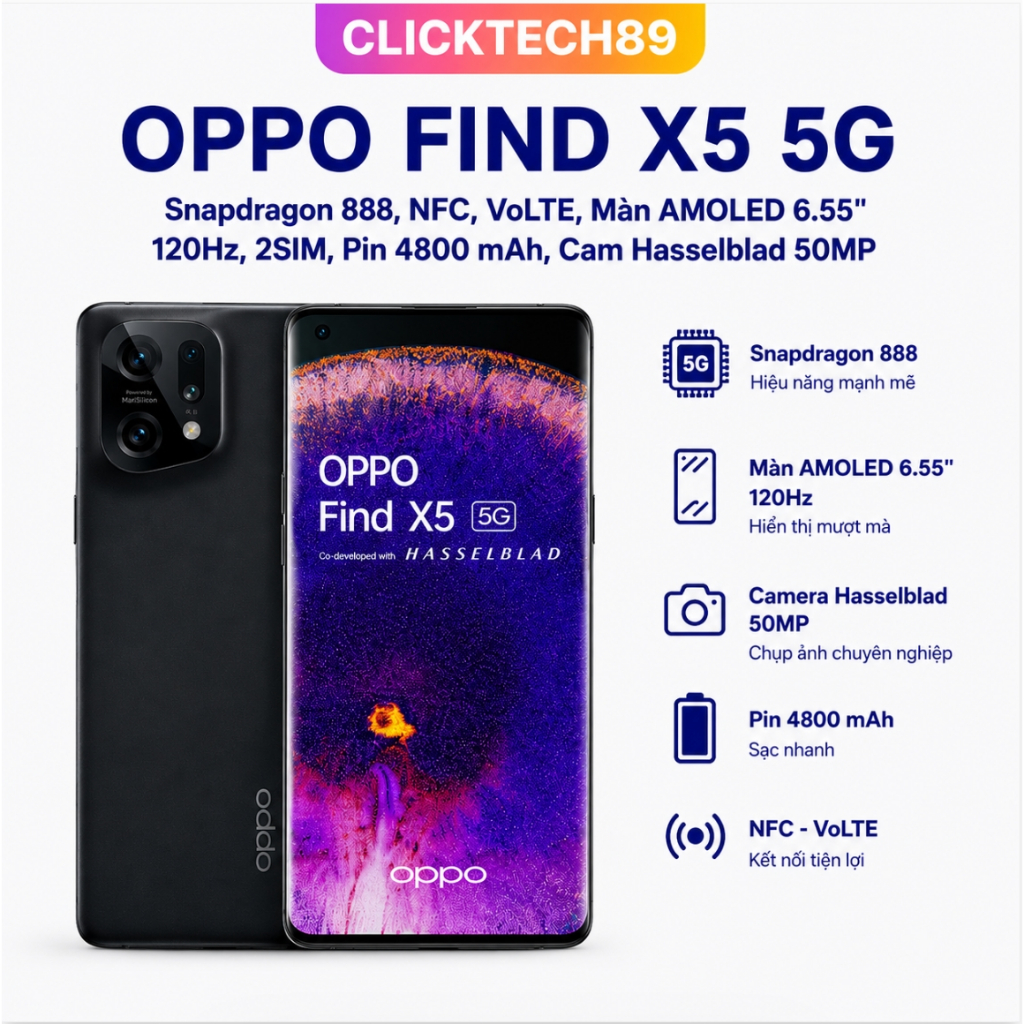 Điện thoại OPPO Find X5 5G 8GB/256GB Snapdragon 888 NFC VoLTE AMOLED 120Hz Camera 50MP Hasselblad Pi