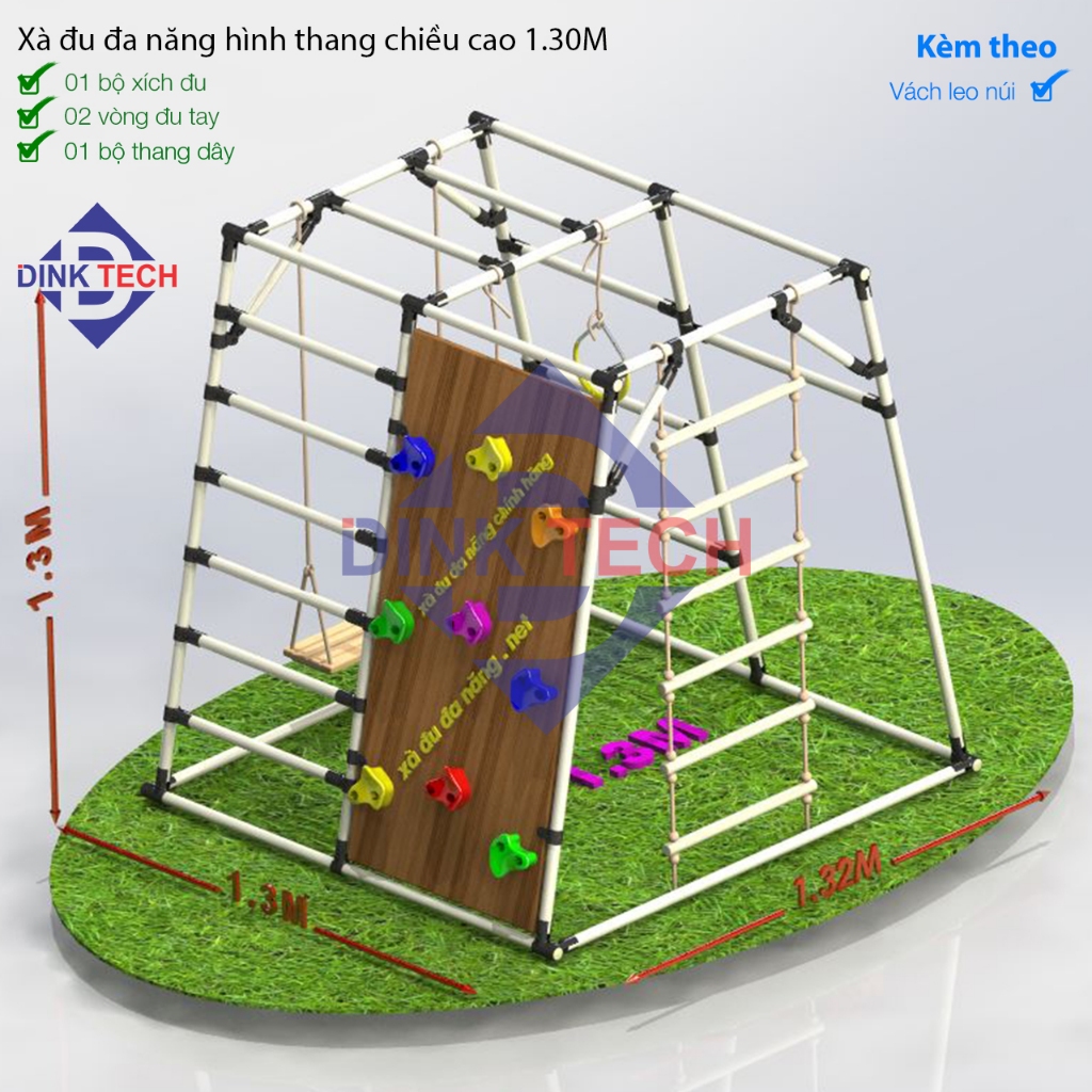 Xà đu đa năng hình thang cân kèm vách leo núi, tính năng cơ bản 2 vòng đu tay, thang dây, ghế xích đu, vách leo núi