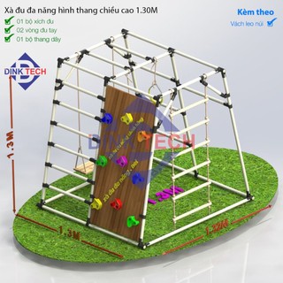 Xà đu đa năng hình thang cân kèm vách leo núi, tính năng cơ bản 2 vòng đu tay, thang dây, ghế xích đu, vách leo núi