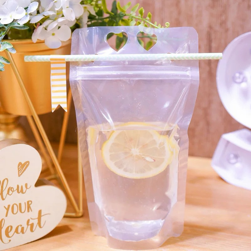 [ Set 100 túi + ống hút ] Túi zip đựng nước quai tim