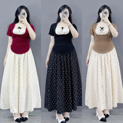Set Áo Váy Bigsize Nữ Áo Thun Kiểu Kèm Váy Dài Chấm Bi Nhẹ Nhàng Cho Chubby Đi Chơi (G264+CV422)