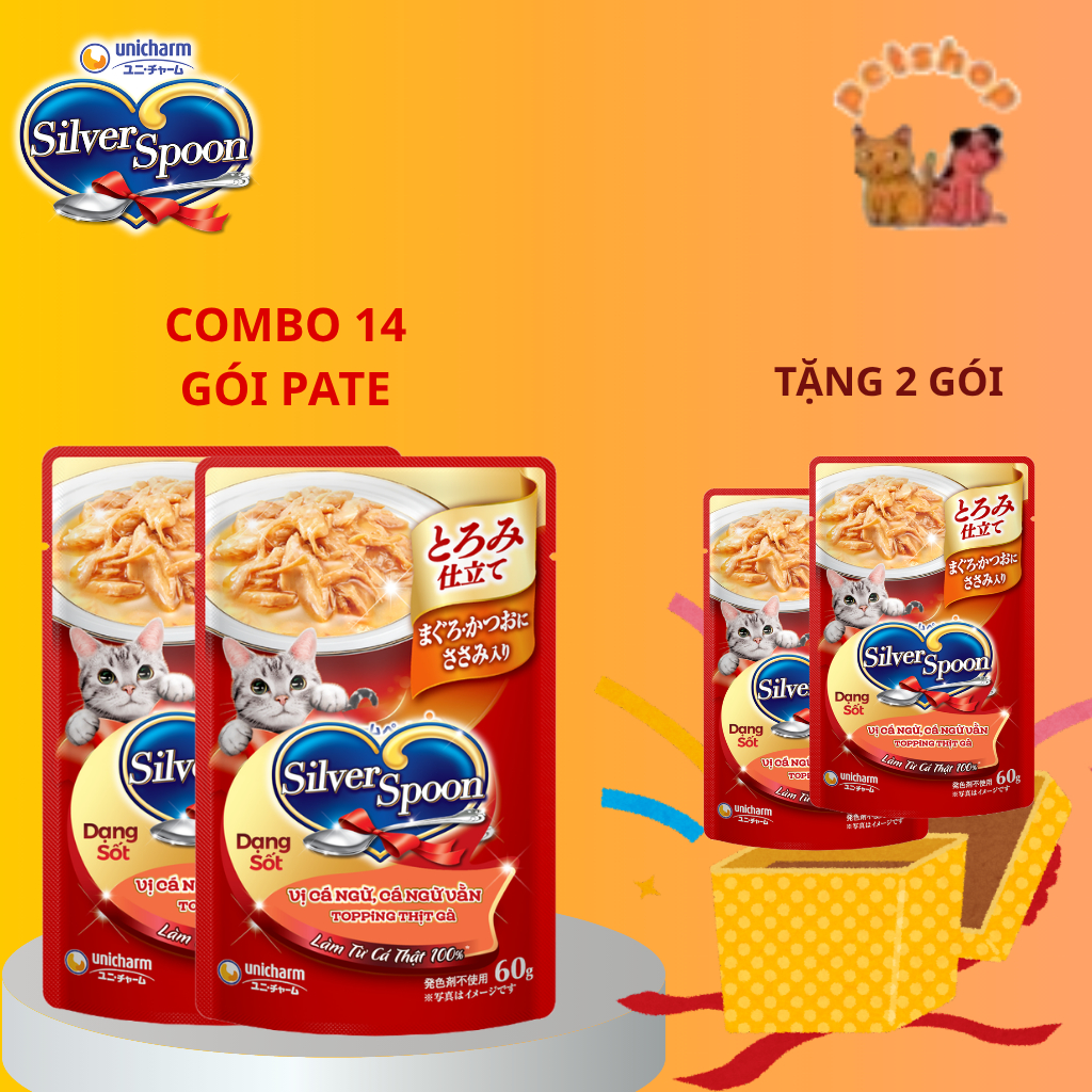 (COMBO 14 GÓI TẶNG KÈM 2 GÓI)  Pate Cho Mèo Silver Spoon 60gram - Thức Ăn Ướt Cho Mèo Silver Spoon-D