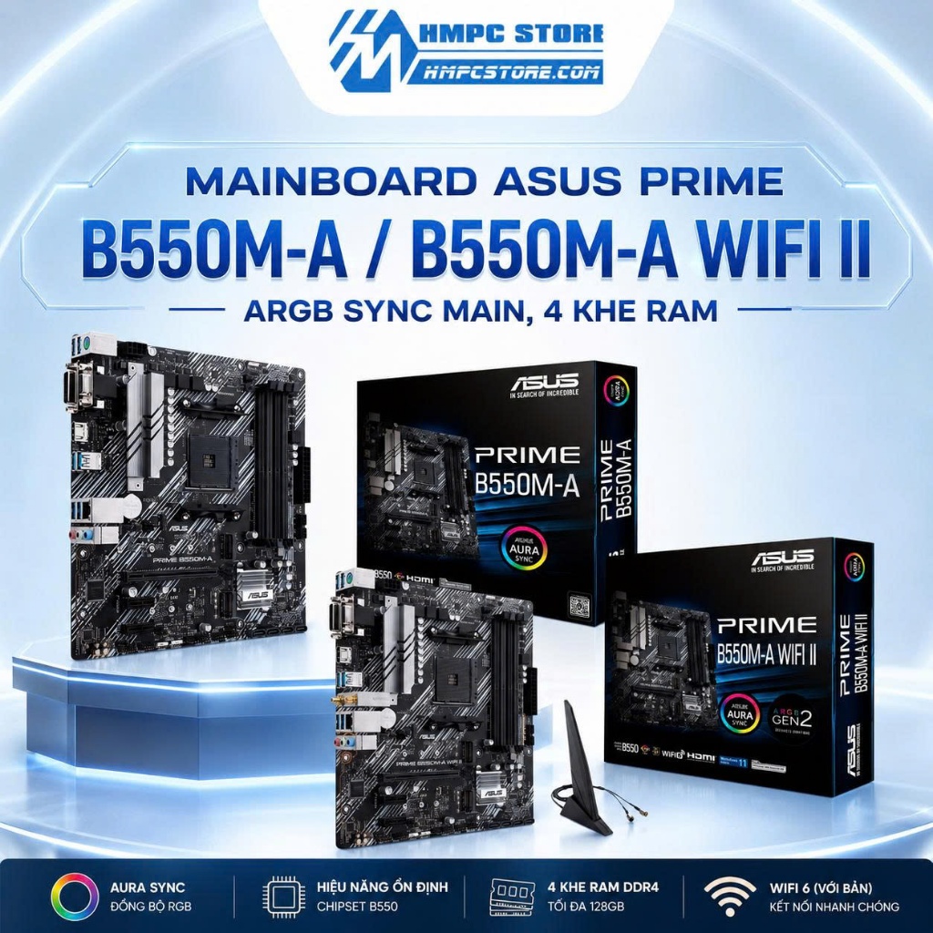 Mainboard ASUS PRIME B550M-A / B550M-A WIFI II | AM4, ARGB Sync main, 4 khe RAM, BH 36 tháng