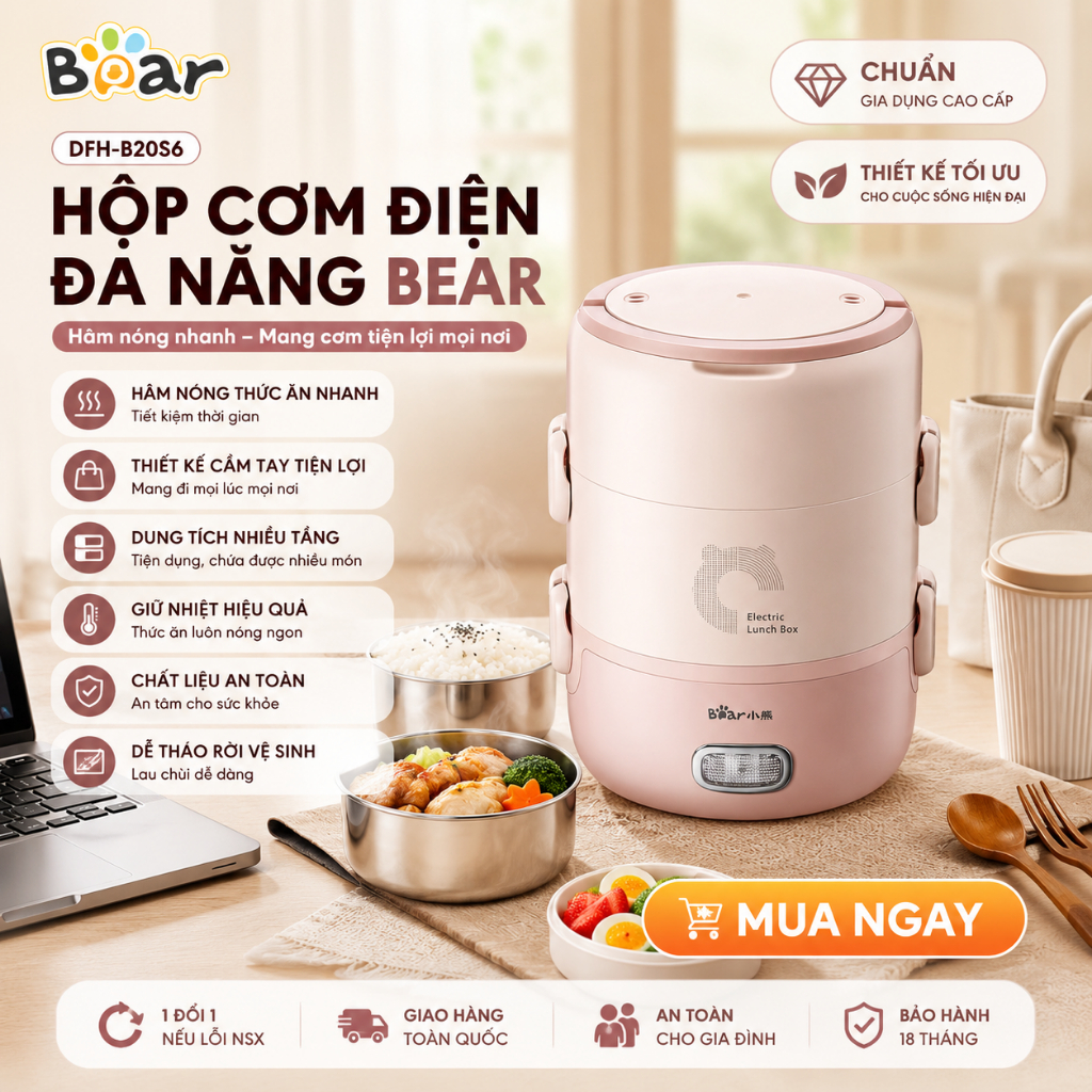 Hộp cơm điện Bear DFH-B20S6 3 tầng tròn 2L Nhỏ Gọn Tiện Lợi, Hộp Cơm Văn Phòng bảo hành 18 tháng