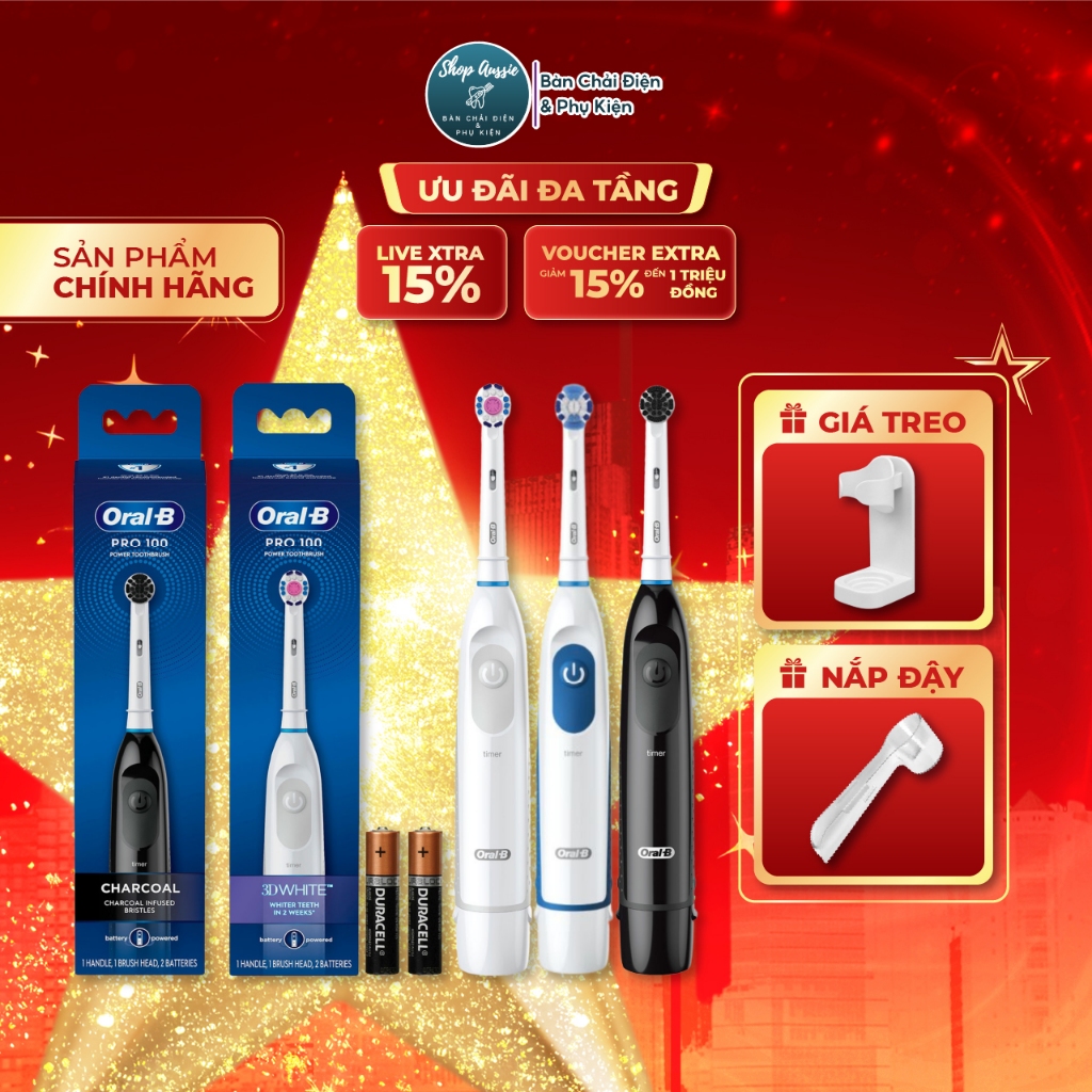 Bàn Chải Pin Oral-B Pro 100 Battery - Động Cơ ProCore, Dùng Pin AA, Hẹn Giờ 2-Phút, Nhiều Loại Đầu C