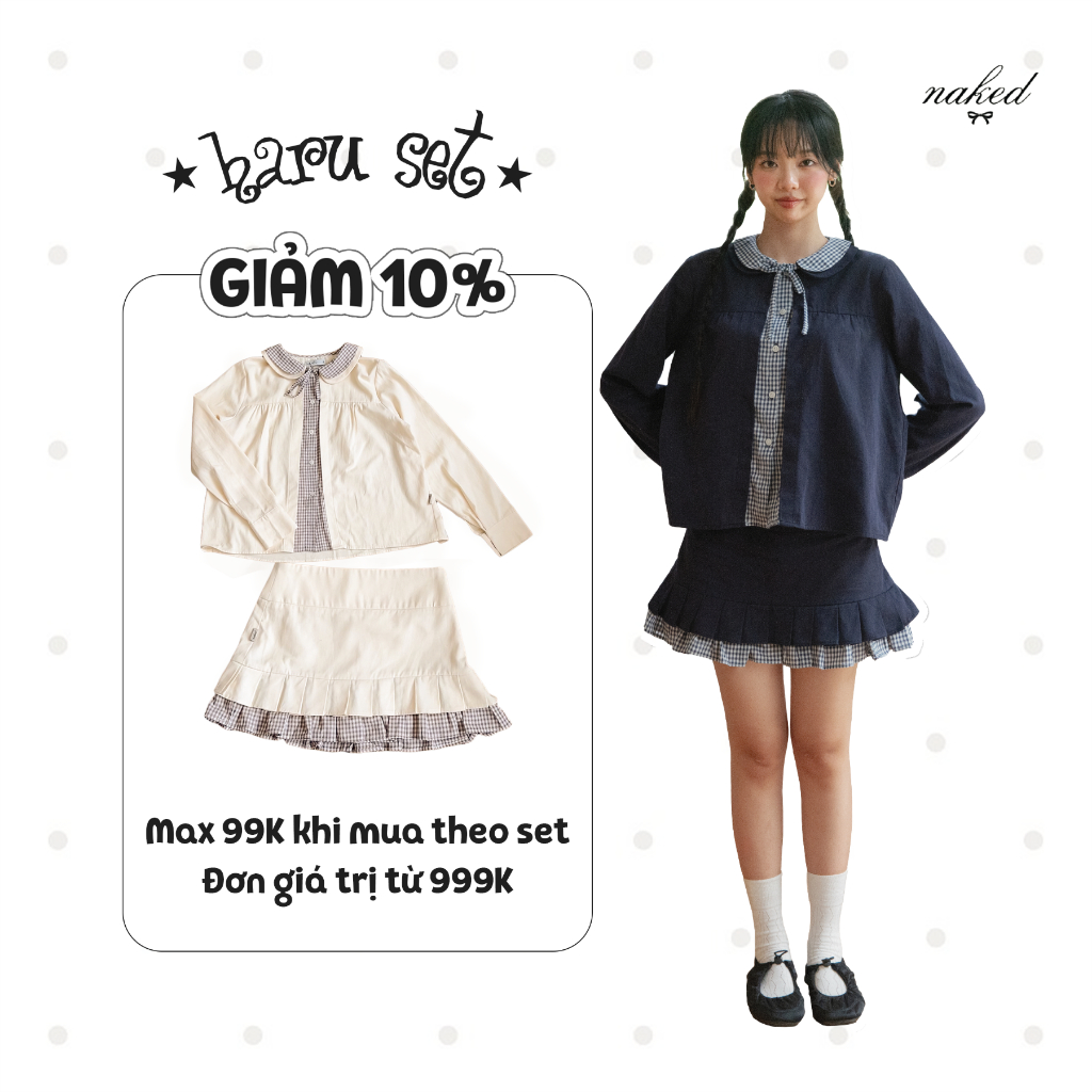 Áo khoác cardigan phối sơ mi nữ NAKEDbyV chân váy midi phối kẻ vintage HARU SET