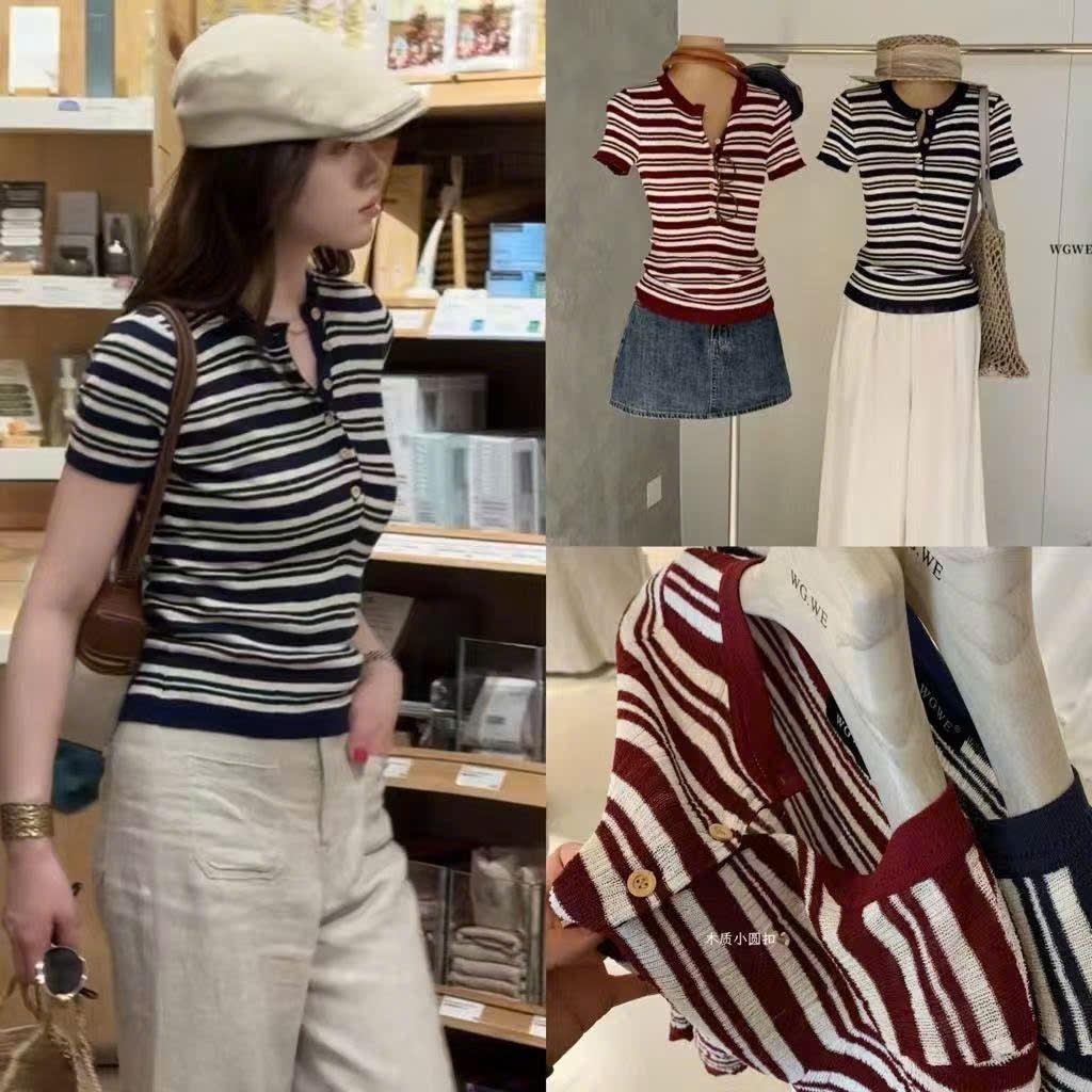 𝐍𝐠𝐨𝐜𝐚𝐧𝐡𝟔𝟗𝟓𝟗 WGWE A629 Áo cổ bẻ polo kẻ ngắn tay #8288 phong cách basic tiểu thư N999 ord | BigBuy360 - bigbuy360.vn