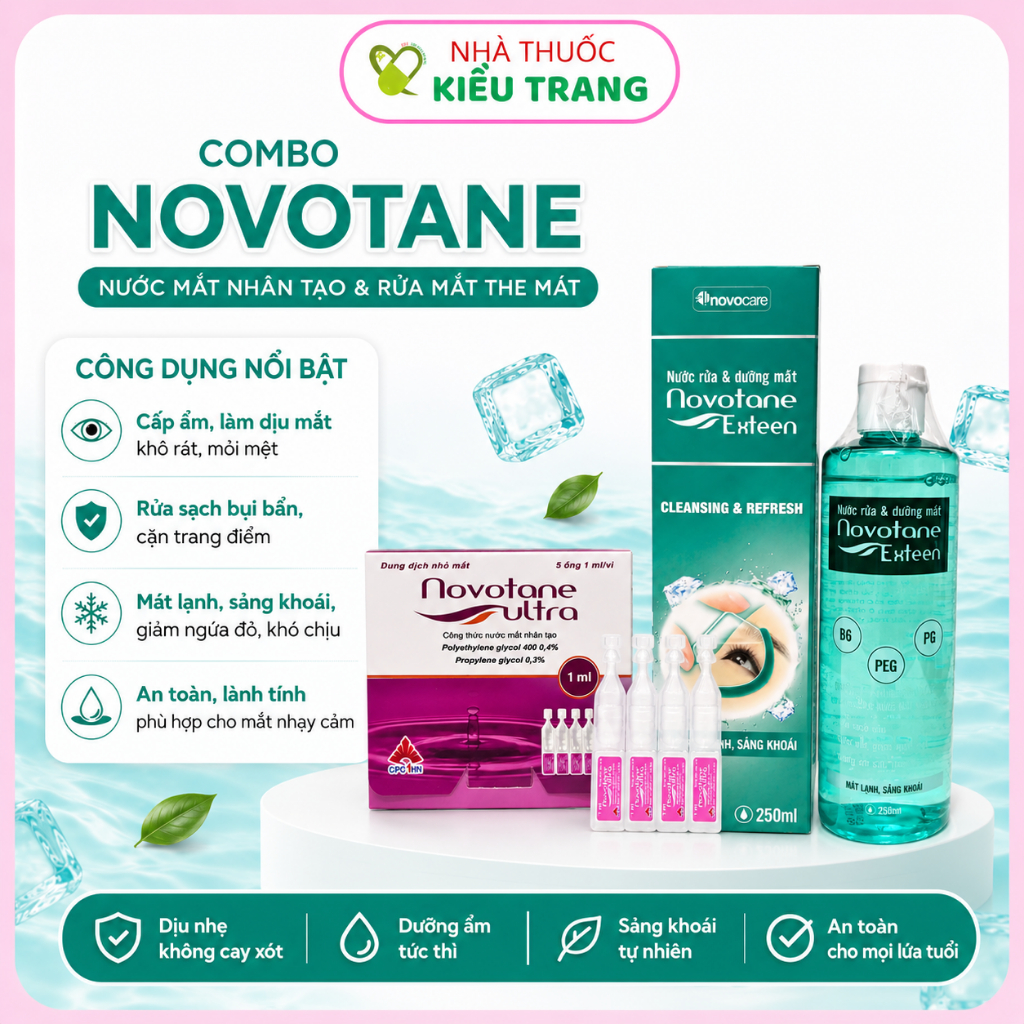 Combo Nước mắt nhân tạo NOVOTANE ULTRA + RỬA MẮT THE MÁT NOVOTANE EXTEEN: làm sạch – dưỡng ẩm – làm 