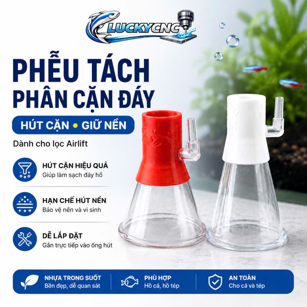 Phểu tách phân cặn đáy (ngăn hút nền) và bụng airlift liền khối