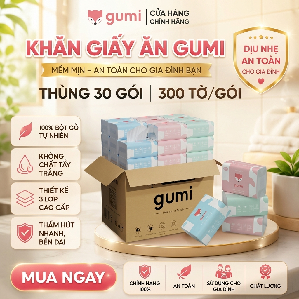Giấy Ăn 3 Lớp GUMI – Mềm Mịn, Dai, Không Mùi – Thùng 16/30/42 GóI