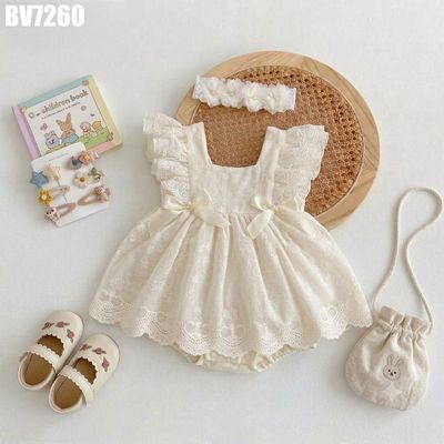 Set Body Váy Thêu Hoa Nổi Màu Kem Cho Bé Gái Sơ Sinh 1 2 Tuổi MINTSCLOSET - BV7238