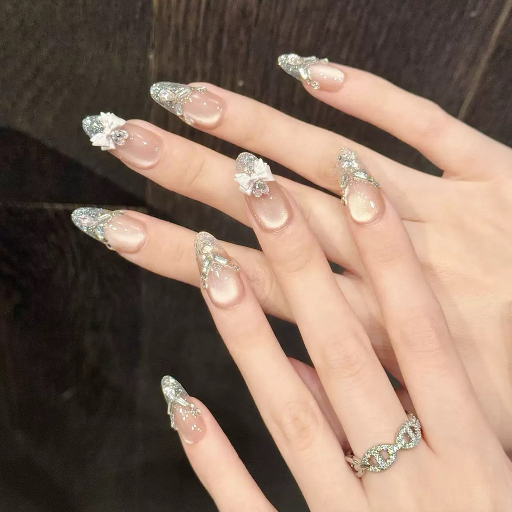B640 - Bộ Nailbox 30 Móng Giả Mắt Mèo Đính Đá Charm Hot Trend Kèm 5 Phụ Kiện | Nailbox nhà Ngân