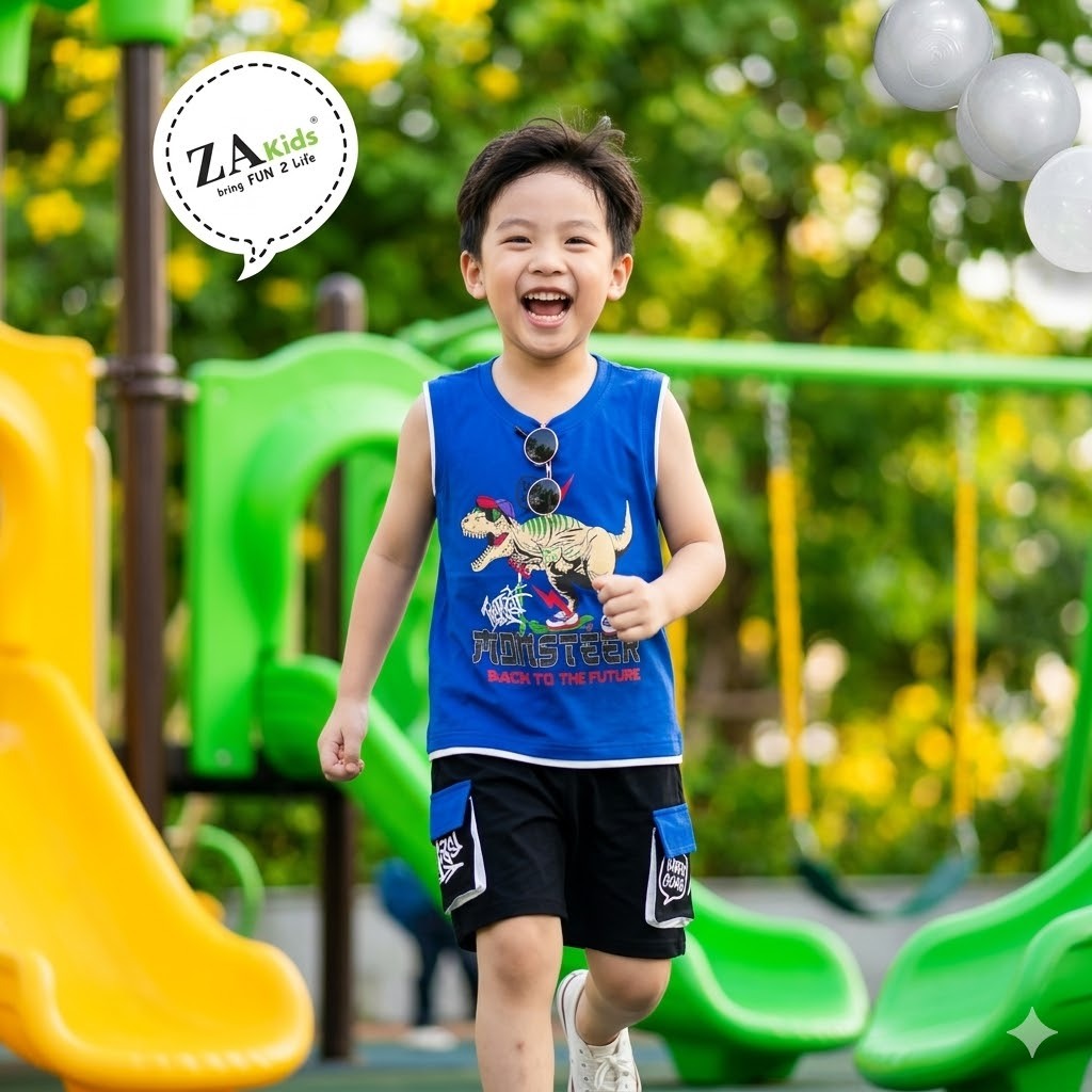(Size 12kg-64kg) Bộ Quần Áo Khủng Long Bé Trai Thun Cotton 4 Chiều Sát Nách Mùa Hè - Zakids ZAB2336