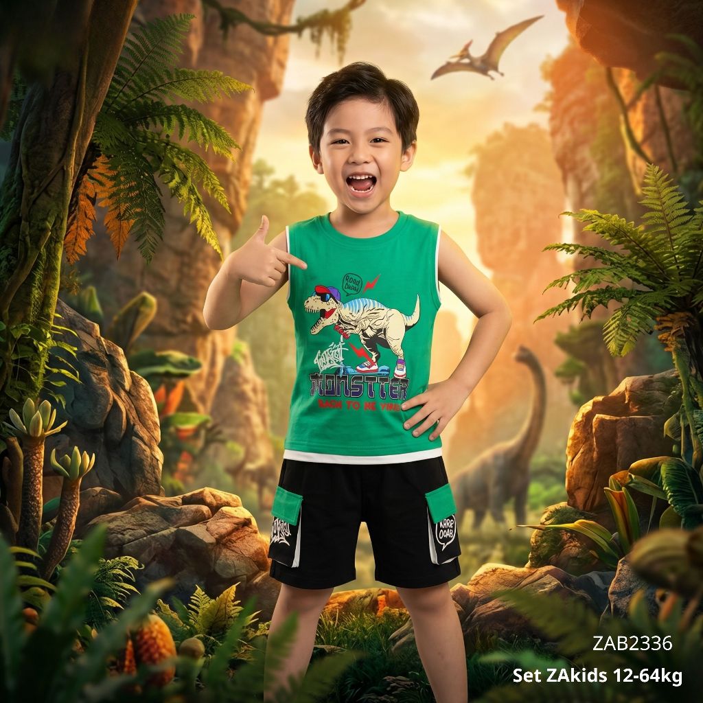 (Size 12kg-64kg) Bộ Khủng Long Bé Trai Sát Nách Thun Cotton 4 Chiều Cao Cấp - Zakids ZAB2336