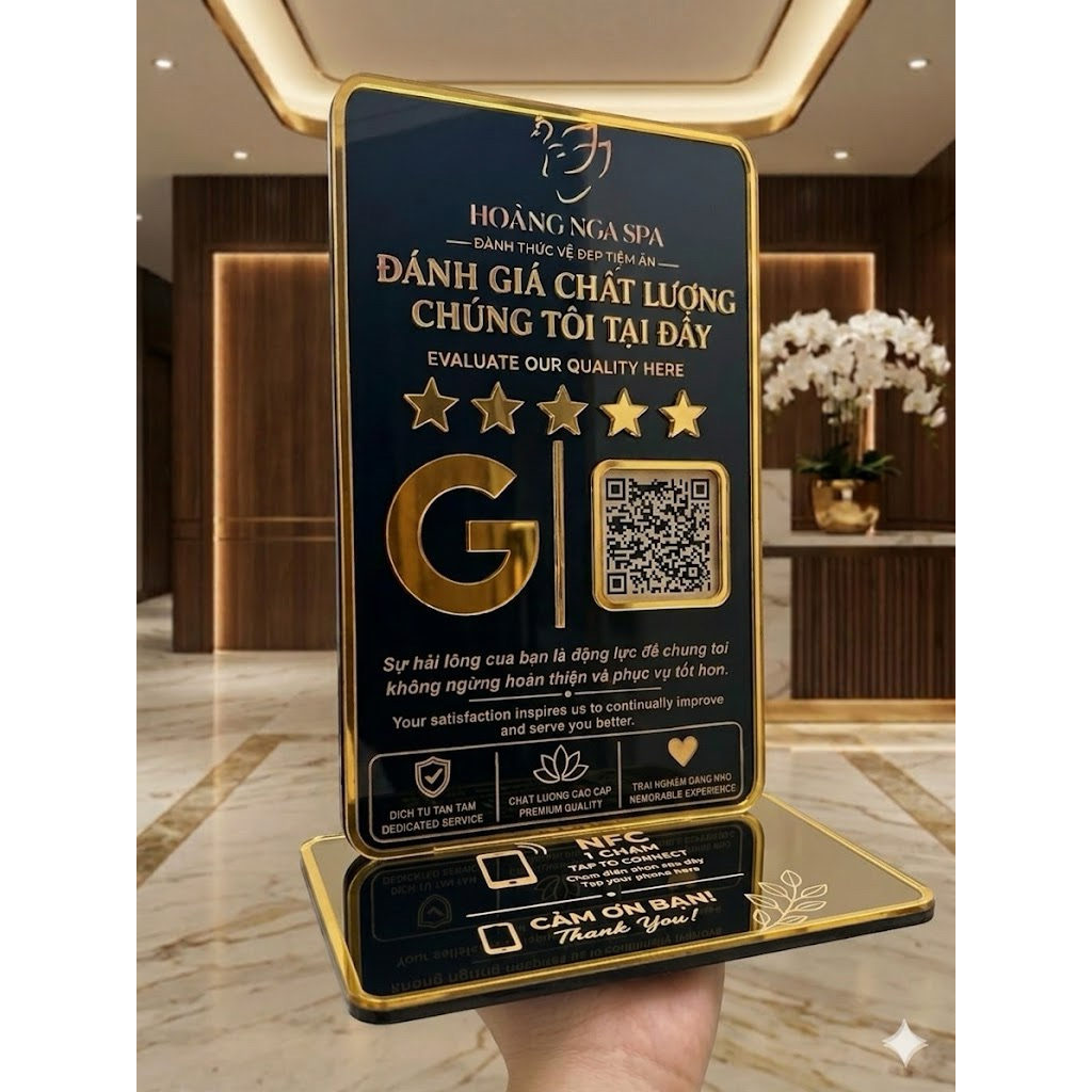 Bảng QR + NFC Luxury để bàn | Chạm mở Google Maps đánh giá & thanh toán | Thiết kế cao cấp cho Spa, 
