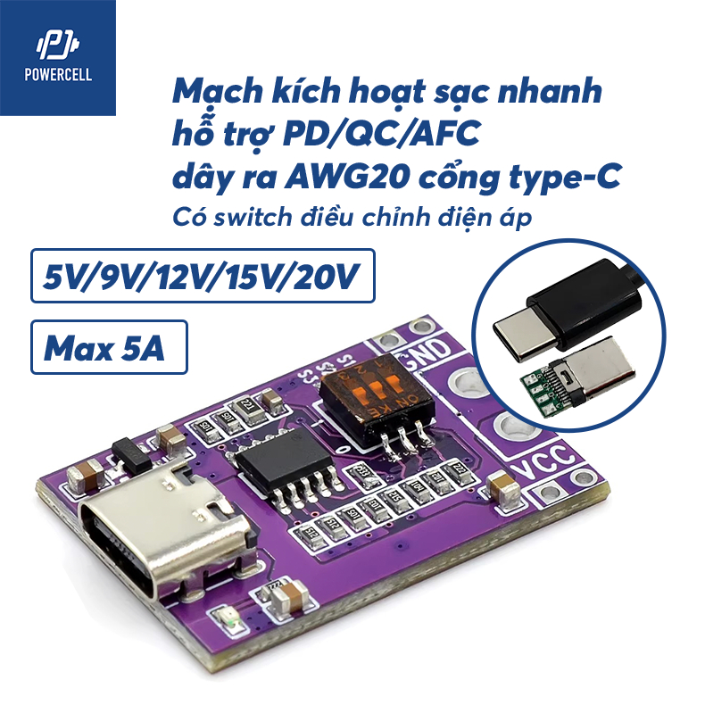 Mạch Trigger typeC PD/QC/AFC Mạch Kích Mồi Sạc Nhanh 5V 9V 12V 15V 20V có switch chỉnh điện áp phiên