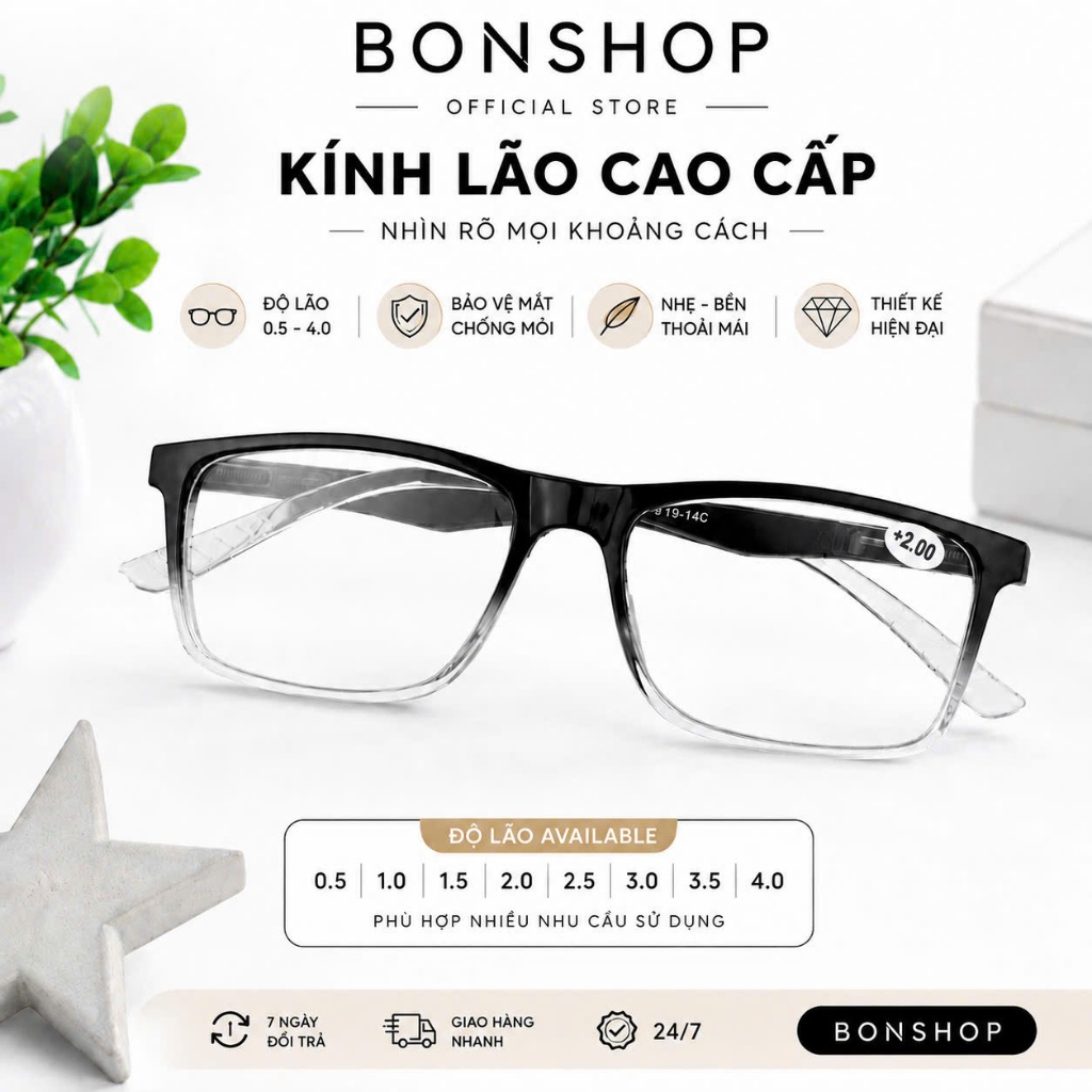 Kính Lão Viễn Thị Gọng Vuông Ombre Đen Trong Suốt Nhẹ Êm Mắt Chống Mỏi Mắt 038
