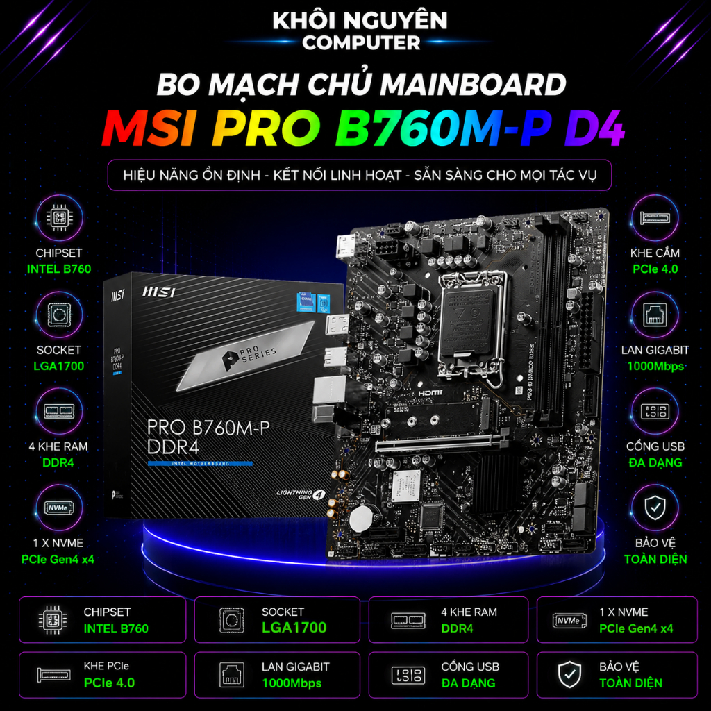 Mainboard MSI Pro B760M-P DDR4 Socket LGA1700 Intel B760 4 Khe RAM M.2 Gen4 HDMI DP VGA Chính Hãng