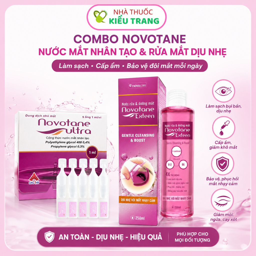 Nước mắt nhân tạo NOVOTANE + Rửa mắt dịu nhẹ NOVOTANE Gentle - giúp làm sạch bụi bẩn – dưỡng ẩm – th