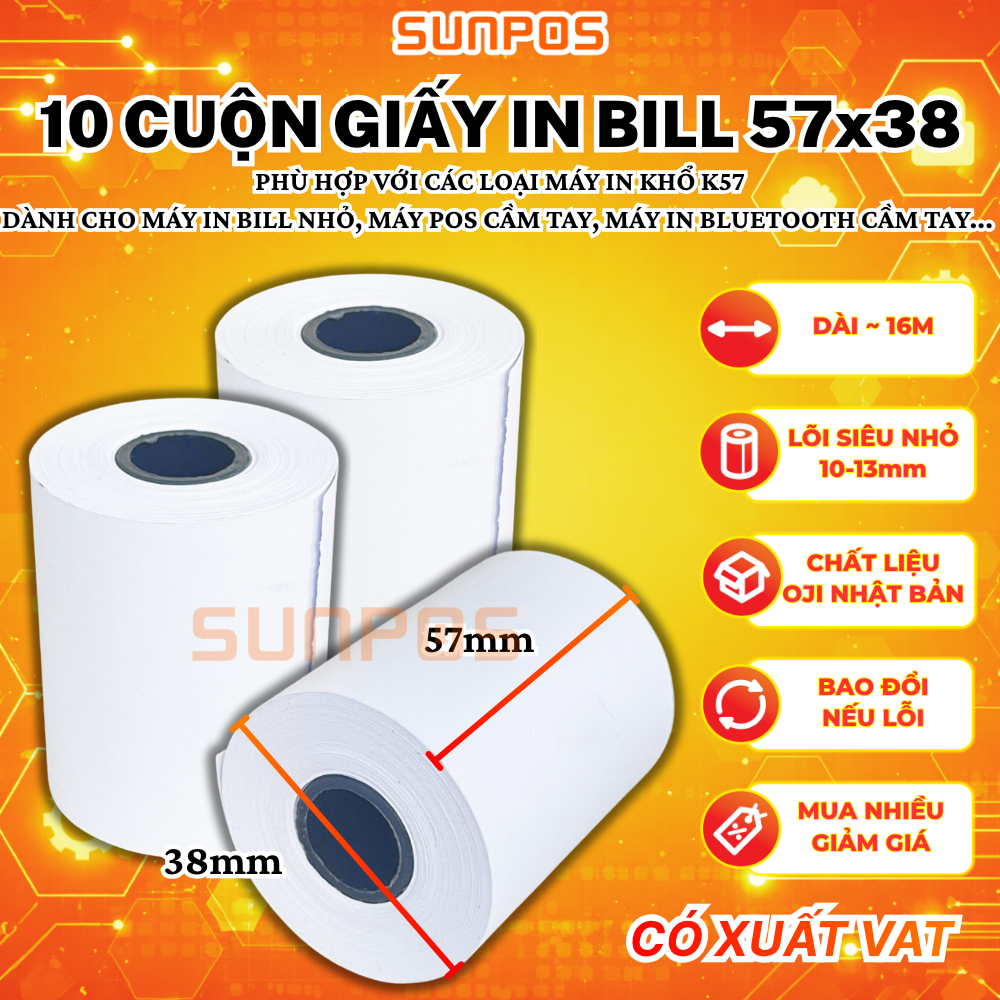 [10 CUỘN] Giấy in nhiệt k57 (57x38) dùng cho máy pos cầm tay, máy in hoá đơn