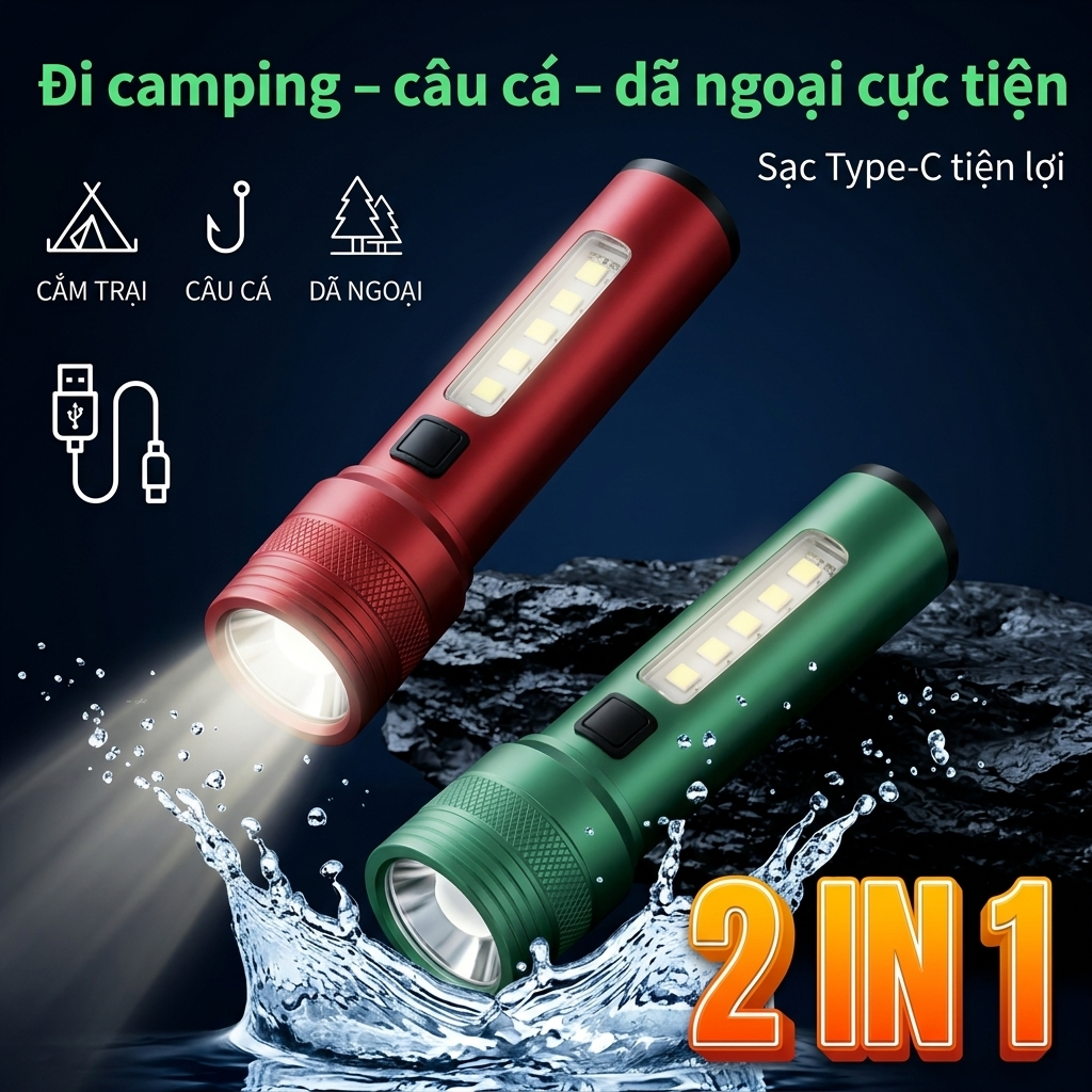 Đèn Pin Bỏ Túi LED 5W Siêu Sáng nhôm nước Tặng pin Sạc zoom,4 chế độ chiếu sáng có Zoom xa gần