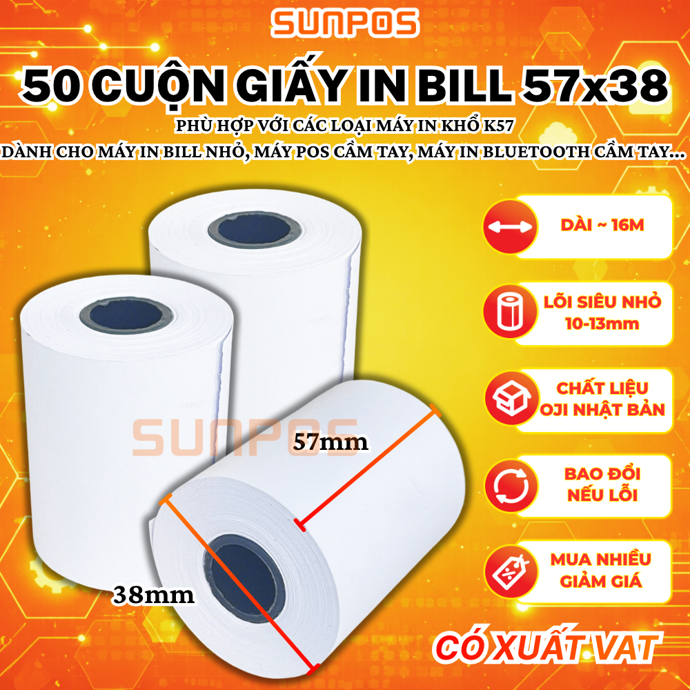[50 CUỘN] Giấy in bill nhiệt K57 (57x38) Lõi siêu nhỏ cho máy pos cầm tay, máy in bill khổ giấy k57