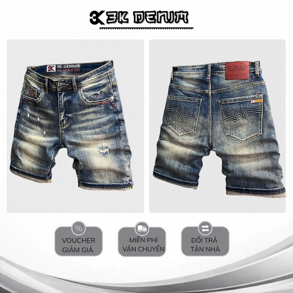 [3K DENIM Jean Denim Guangzhou-3K1945]Quần Short Jean Nam Màu Xanh Was Dập Túi Thêu Chữ QS2139