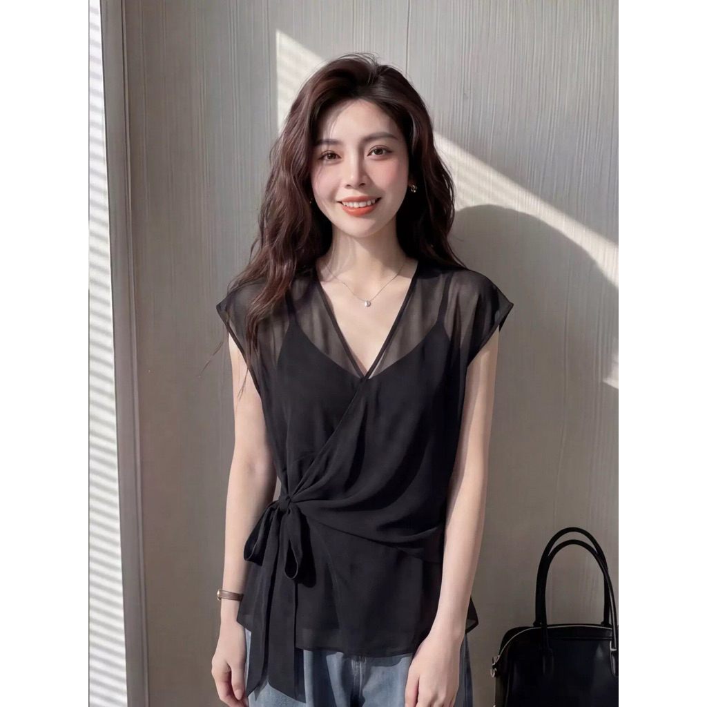 ( SẴN M L ) ÁO VOAN TƠ CỔ V CỘT EO HÔNG PHỐI CÙNG ÁO 2 DÂY | BigBuy360 - bigbuy360.vn