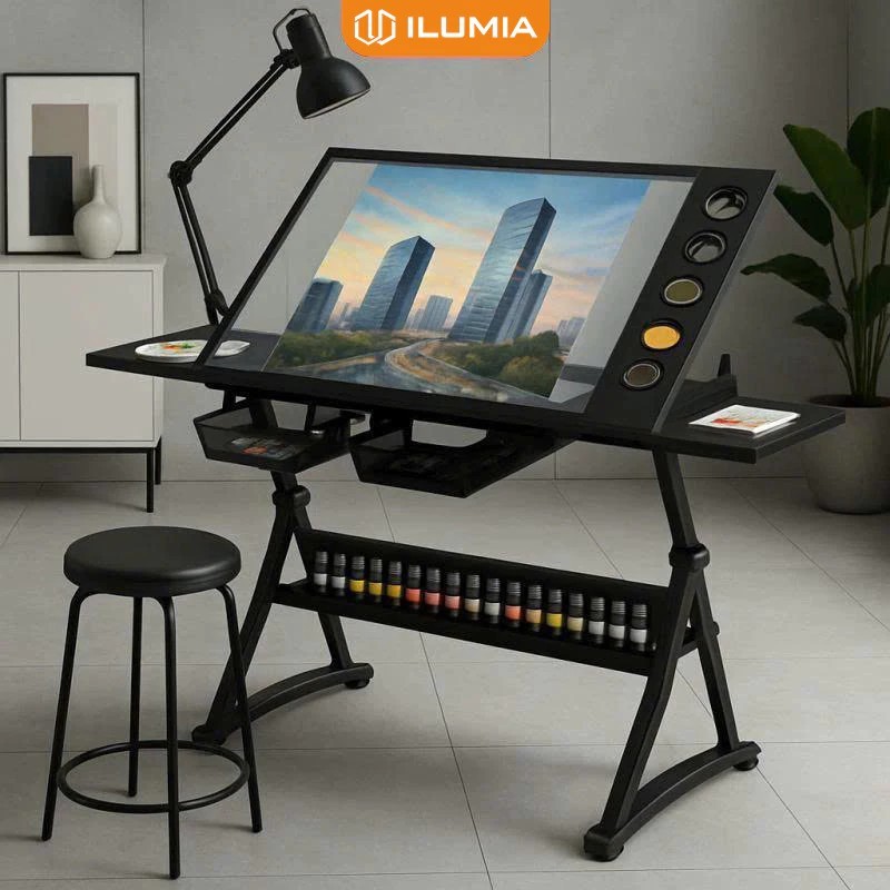 [FURNI HOME] Bàn vẽ kỹ thuật nâng hạ tặng kèm đèn kẹp thông minh thương hiệu ILUMIA - GN87