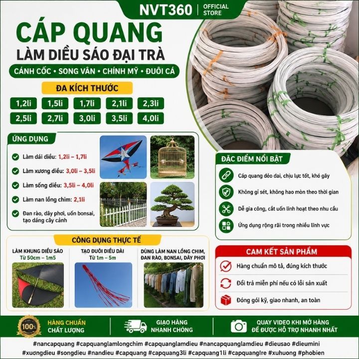 Cáp Quang Làm Diều - Nan Cáp Quang 1Li2, 1Li5, 1Li7, 2Li1, 2Li5, 2Li7, 3Li5, 4Li Cao Cấp Dành Cho Di