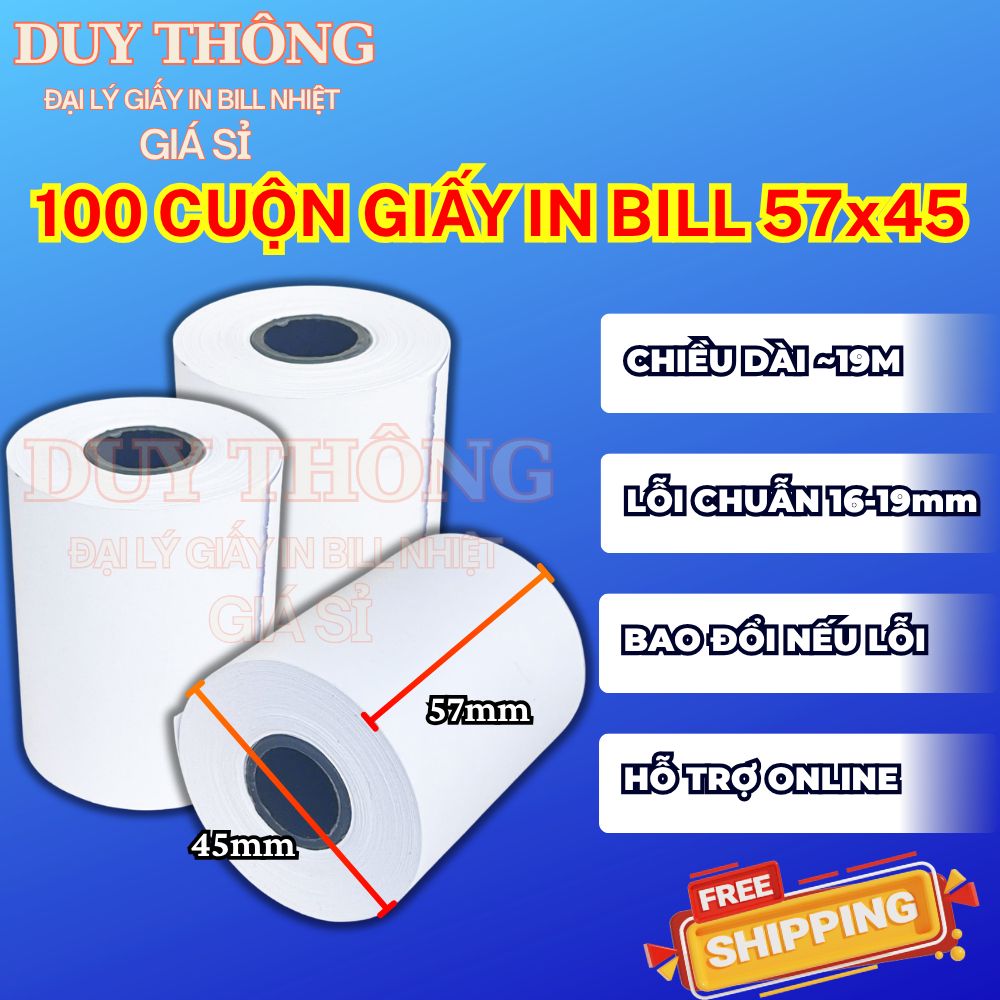 [100 CUỘN] Giấy in hóa đơn 57x45 - Giấy in Bill dành cho quán trà sữa, nhà hàng, siêu thị