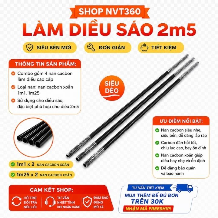 Bộ 4 Nan Diều Sáo Carbon Siêu Nhẹ Bền Chắc Dễ Lắp Đặt Cho Diều Sáo