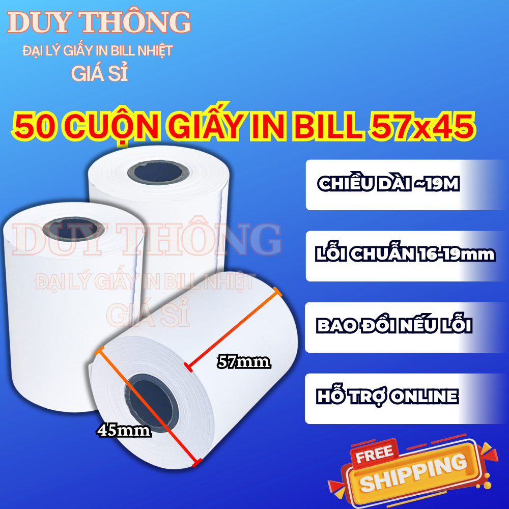 [50 CUỘN] Giấy in hóa đơn 57x45 - Giấy in Bill dành cho quán trà sữa, nhà hàng, siêu thị