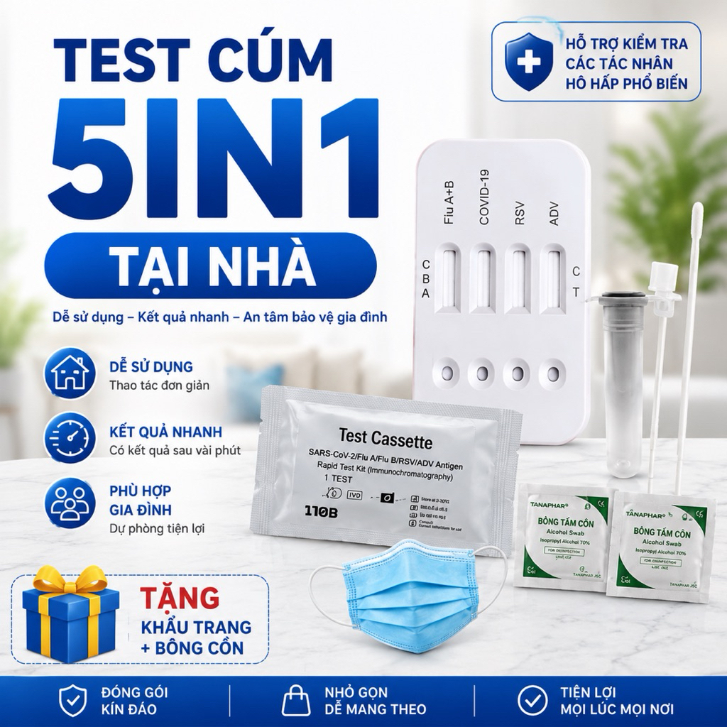 Test Cúm 5in1 | Que Test Cúm A/B RSV ADV | Bộ Test Nhanh Tiện Lợi Tại Nhà