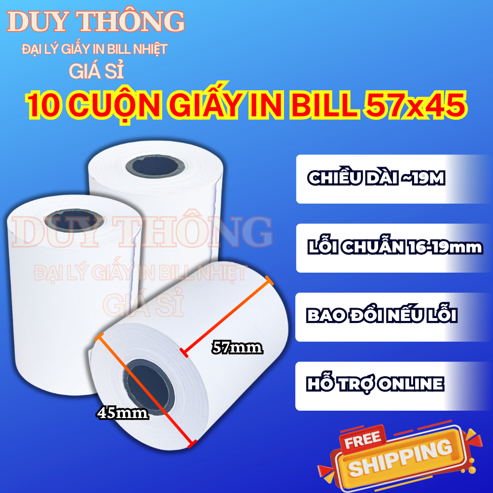[10 CUỘN] Giấy in hóa đơn 57x45 - Giấy in Bill dành cho quán trà sữa, nhà hàng, siêu thị