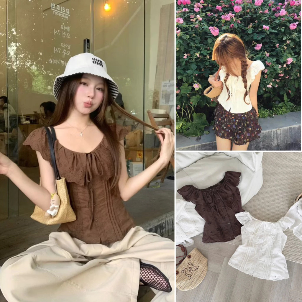 Áo Kiểu trễ vai tiểu thư ren boil nâu/trắng chun lưng buộc dây nơ ngực JENNY TOP | BigBuy360 - bigbuy360.vn