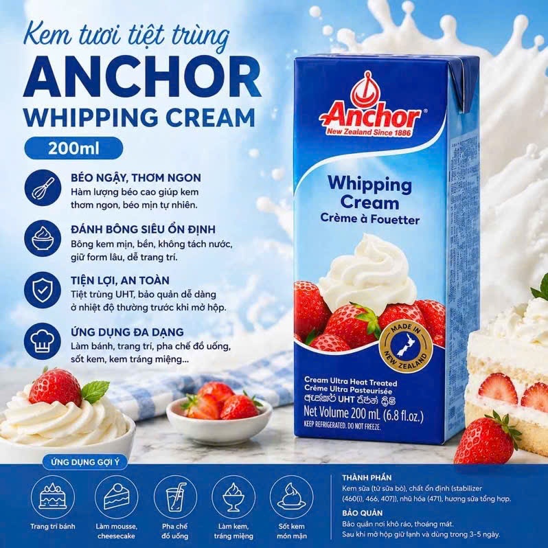 Kem sữa Whipping Anchor (200ml)- [CHỈ SHIP HỎA TỐC HN]