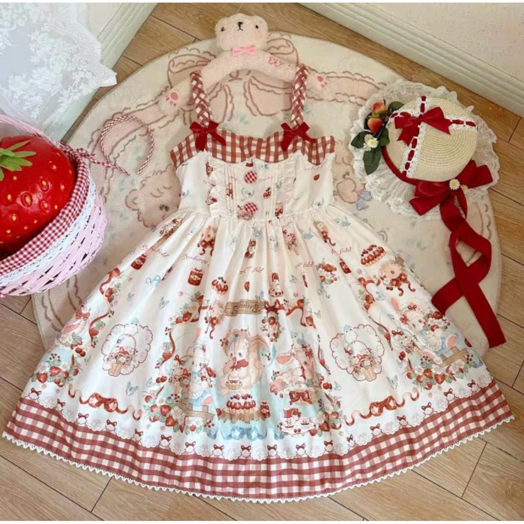 Váy đầm Lolita JSK chính hãng brand Kem Đậu Xanh đầm công chúa mùa hè caro dâu đỏ