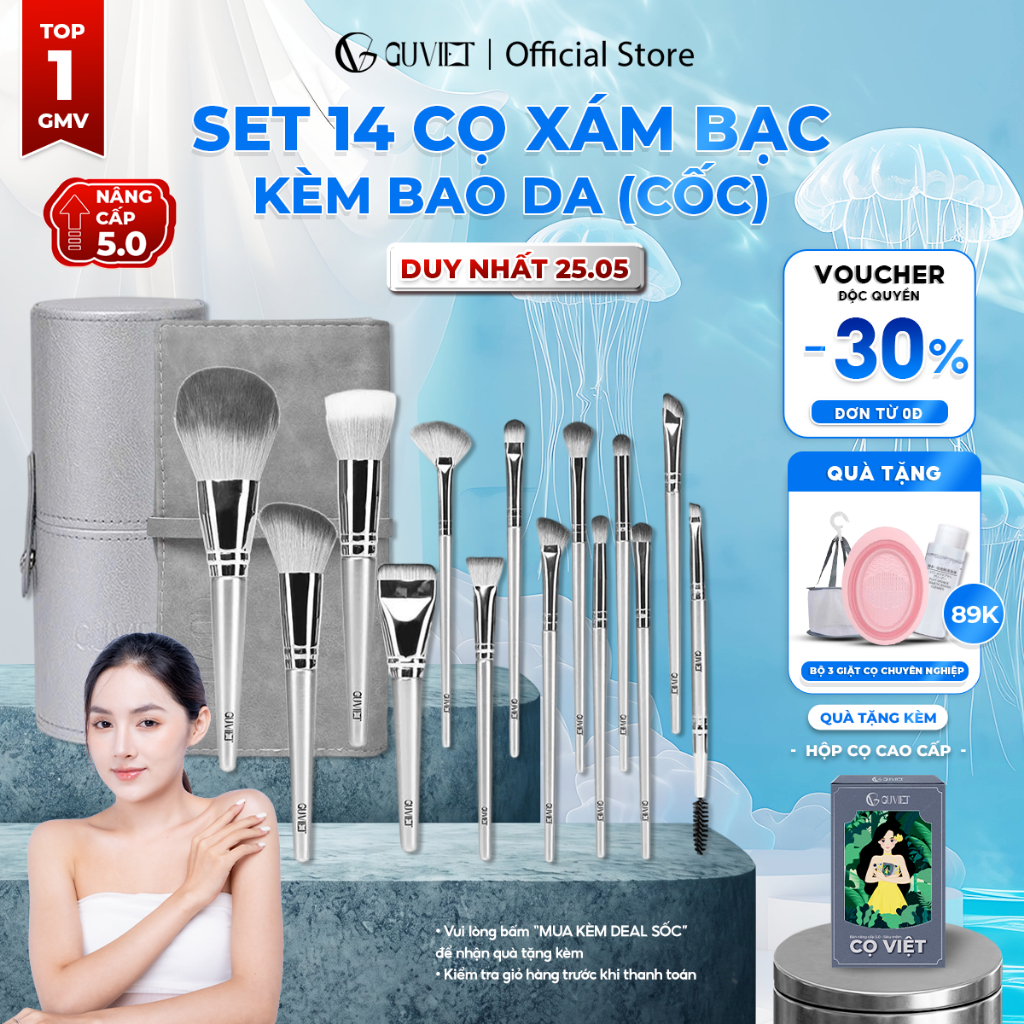Bộ cọ trang điểm cá nhân GUVIET set 14 cây màu xám bạc có bao da (cốc)