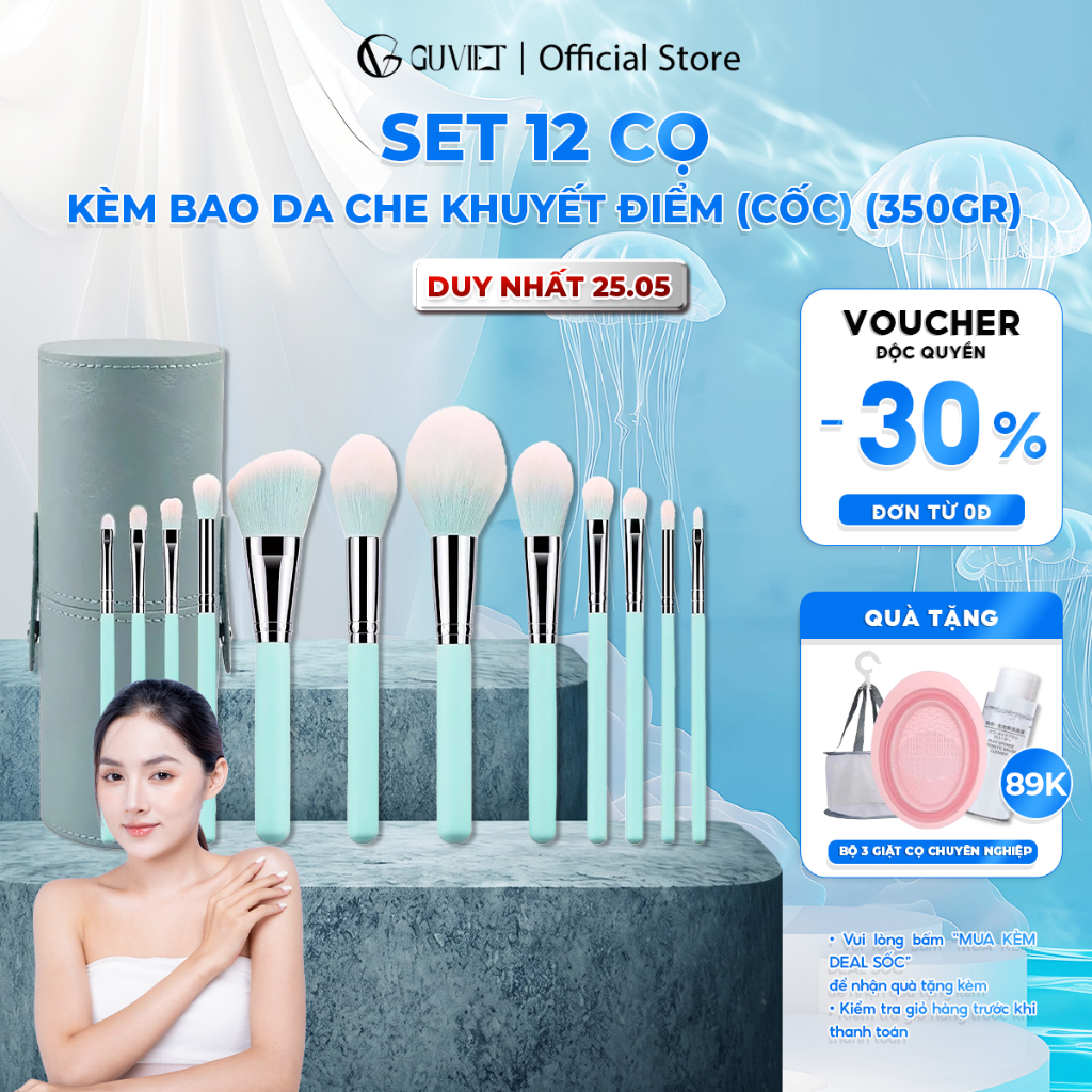 Bộ Cọ Trang Điểm Cá Nhân GUVIET gồm 12 cây cọ màu xanh ngọc kèm theo túi đựng hoặc ống cắm cọ