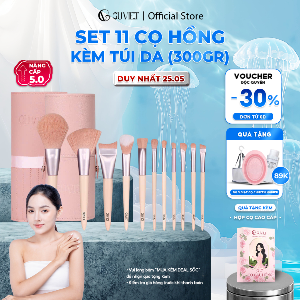 Bộ Cọ Trang Điểm Cá Nhân GUVIET 11 Cây Màu Hồng Kèm Túi Da Đựng Cùng Màu 300gr