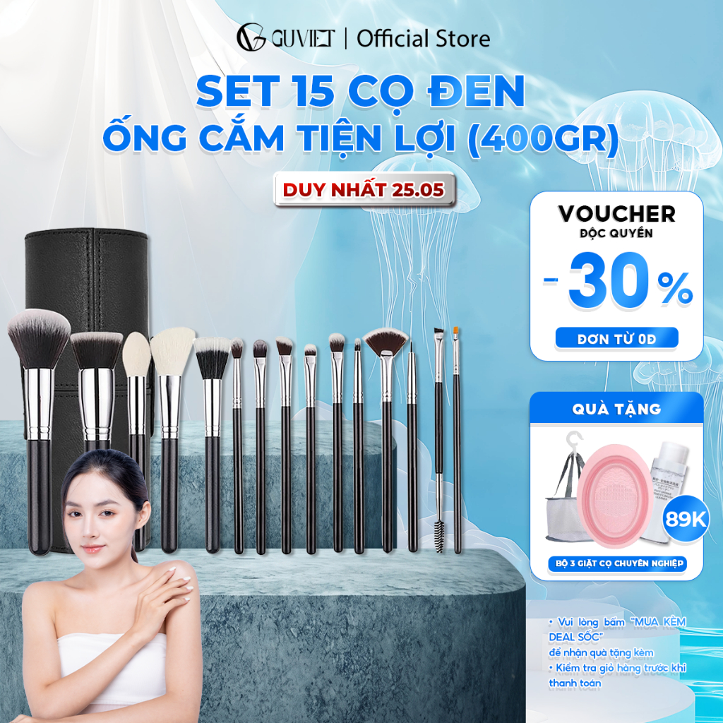 Bộ cọ trang điểm cá nhân GUVIET màu đen gồm 15 cọ kèm theo ống cắm tiện lợi | BigBuy360 - bigbuy360.vn