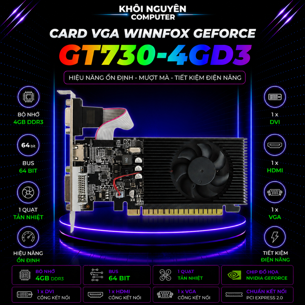 Card Màn Hình Winnfox GeForce GT730 4GB DDR3 VGA DVI HDMI – Đa Màn Hình, Giá Tốt, Ổn Định