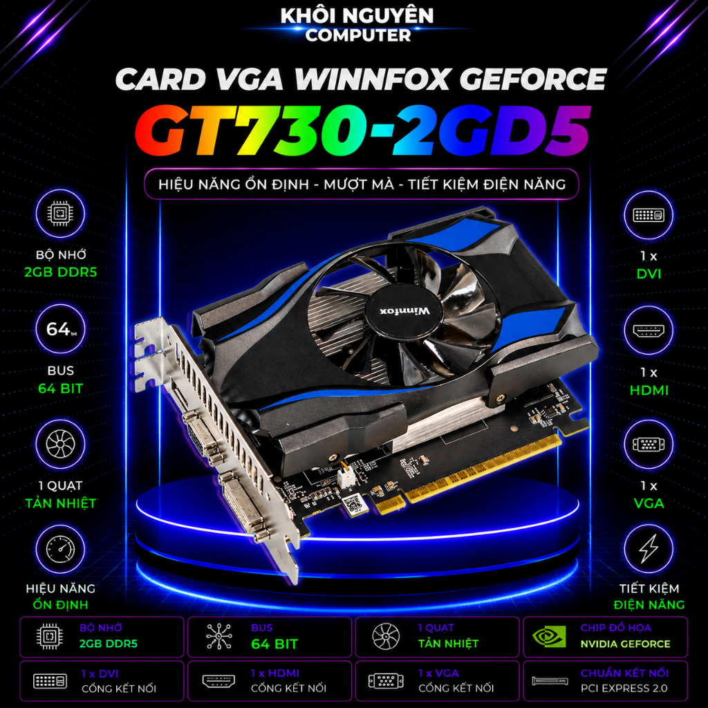 Card Màn Hình Winnfox GeForce GT730 2GB GDDR5 VGA DVI HDMI – Hiệu Năng Ổn Định, Giá Tốt