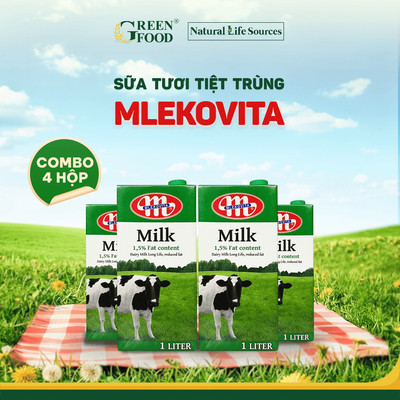 Combo 4 Hộp Sữa Tươi Tiệt Trùng Mlekovita Ít Béo 1L - 1.5% Béo, Hỗ Trợ Giảm Cân Ăn Kiêng, từ Ba Lan