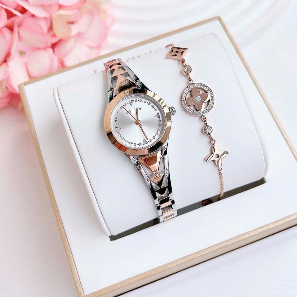 [CHÍNH HÃNG -TẶNG LẮC TAY] Đồng hồ nữ Guess dạng lắc tay Champagne chính hãng