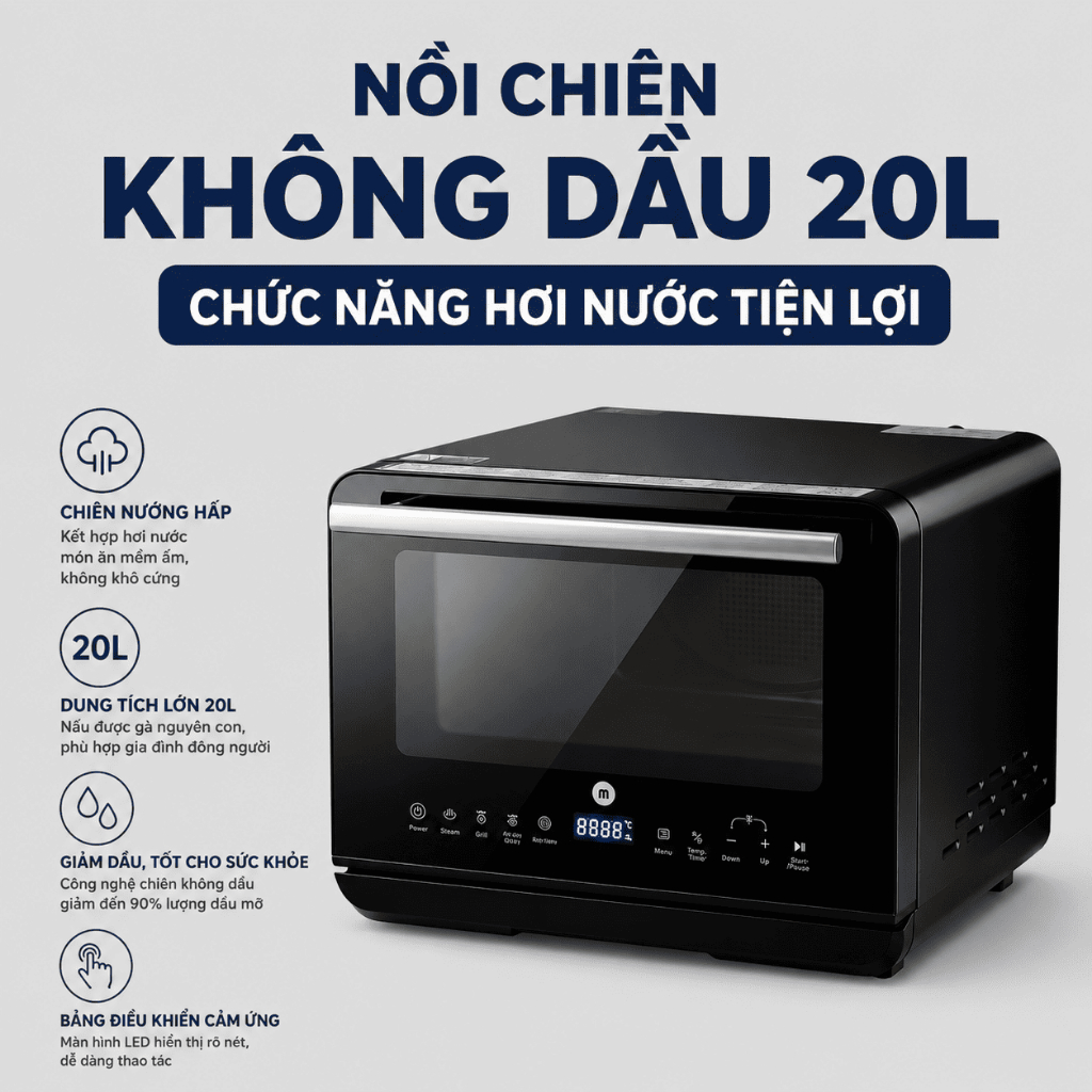 Nồi Chiên Không Dầu Kết Hợp Hơi Nước Mishio MK318 20L - Đen, 20 Lít, Kích Thước 47x43.5x34 cm