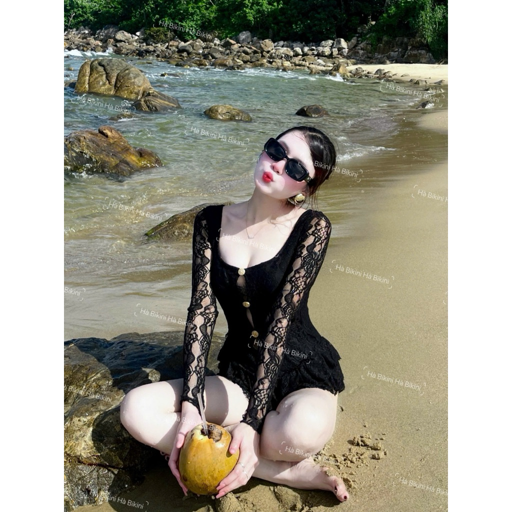 [Có Cúc] Đồ bơi đi biển BODYSUIT REN TAY DÀI vuông ôm sát body chân nhún bèo viền xếp tầng xinh xắn nhẹ nhàng [BKN 921] | BigBuy360 - bigbuy360.vn