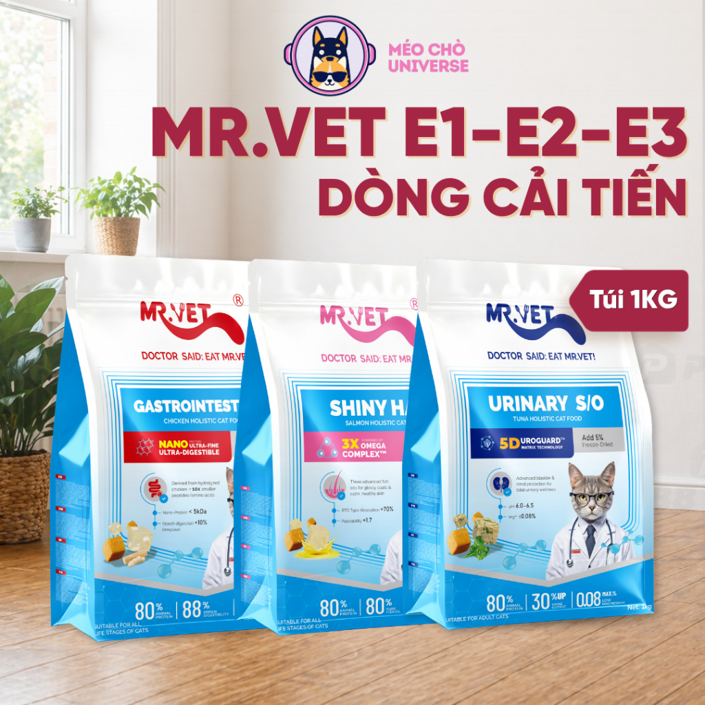 Hạt Mr.Vet, Hạt Cho Mèo Mr Vet E1-E2-E3 Bổ Sung Dinh Dưỡng Túi 1kg - Méo Chò Uni