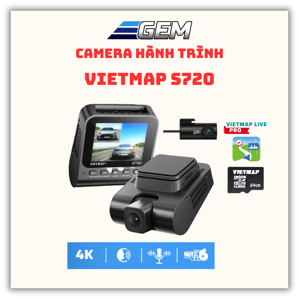 Camera hành trình Vietmap S720 Cam Trước 4K + Sau Full HD Kèm 64GB và Vietmap Live Pro - Hàng chính 
